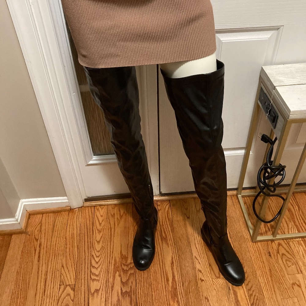 Thigh high leather flat boots